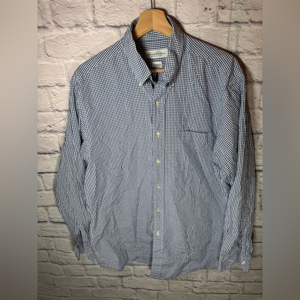 Brooks Brothers Mens Button Up Long Sleeve 16 - 34 Navy White Gingham Supima